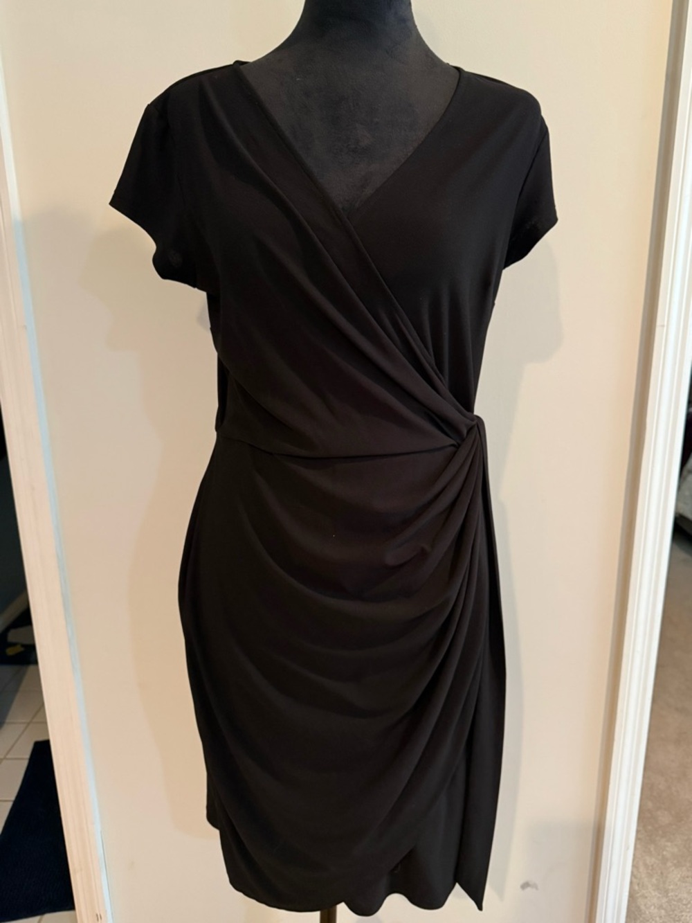 INC International Concepts Black Draped Wrap-Front Midi Dress